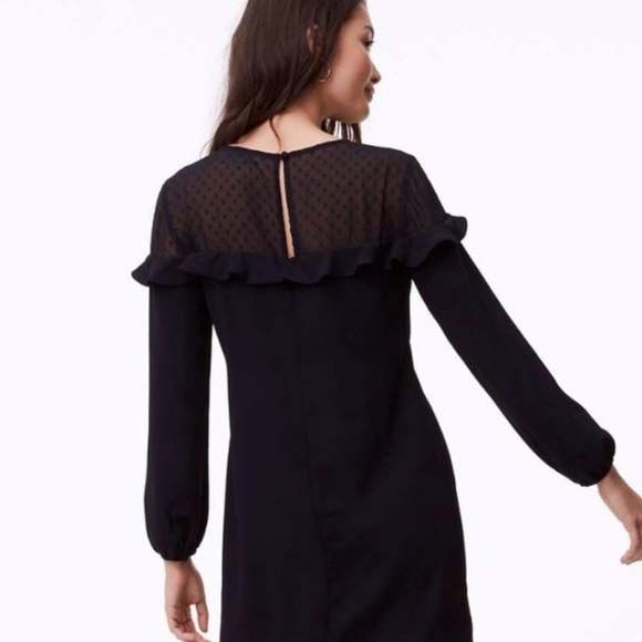🆕️ 🖤LOFT🖤 - Black L/S Dress w/Sheer Polka Dot Ruffle Detail - Picture 3 of 16